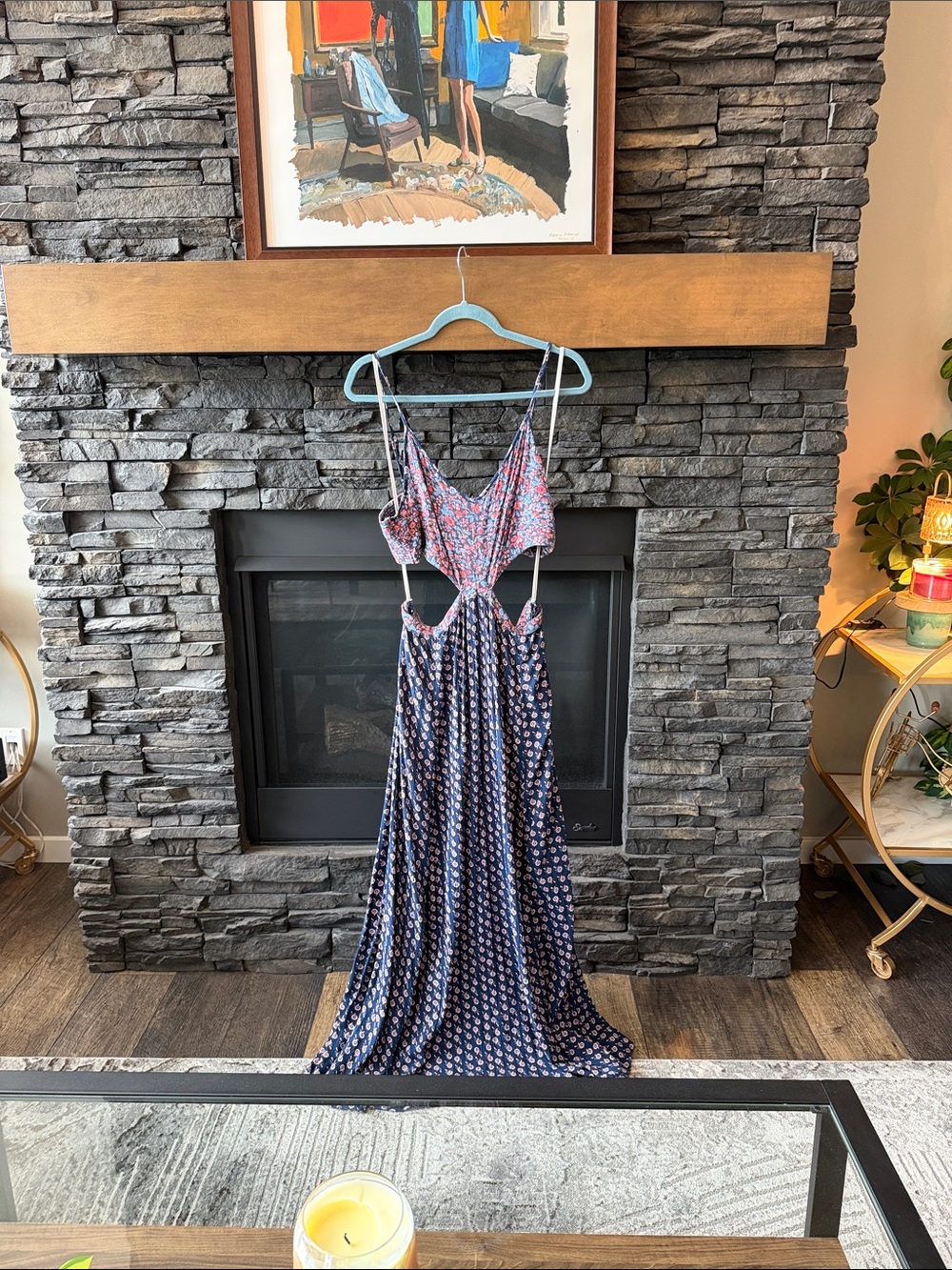 aerie Floral Navy and Pink Maxi Dress with Cutouts